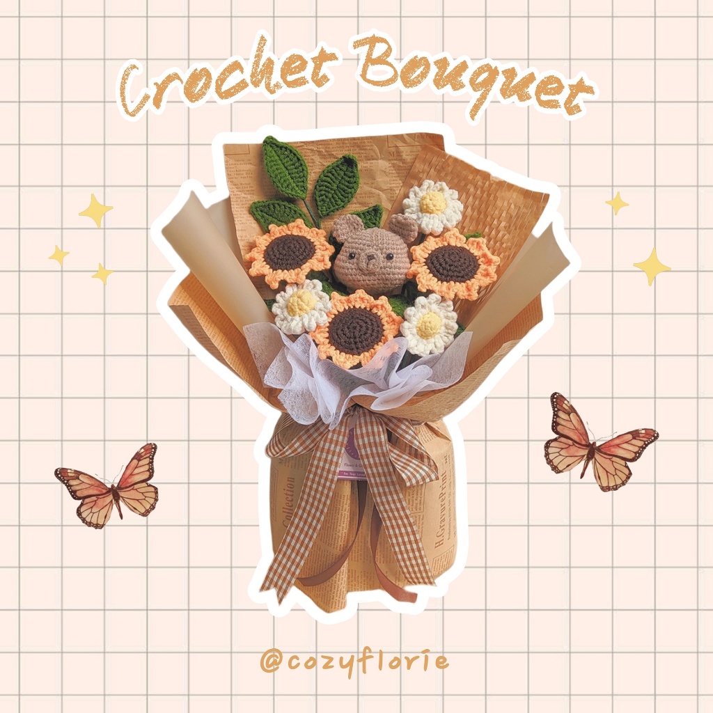 [CROCHET BOUQUET] BUKET RAJUT SUNFLOWER DAISY & KARAKTER BEAR | TOTORO | CUSTOM CHARACTER