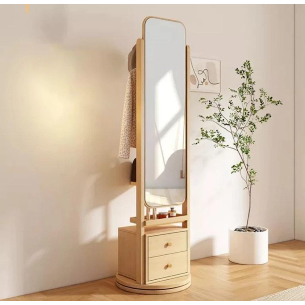 Cermin berdiri putar terbaru cermin kayu jati modern multifungsi