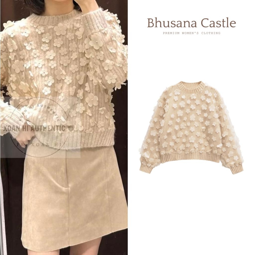 Bhusana Castle 76997 beige textured 3D flower knit sweater / sweater rajut wanita