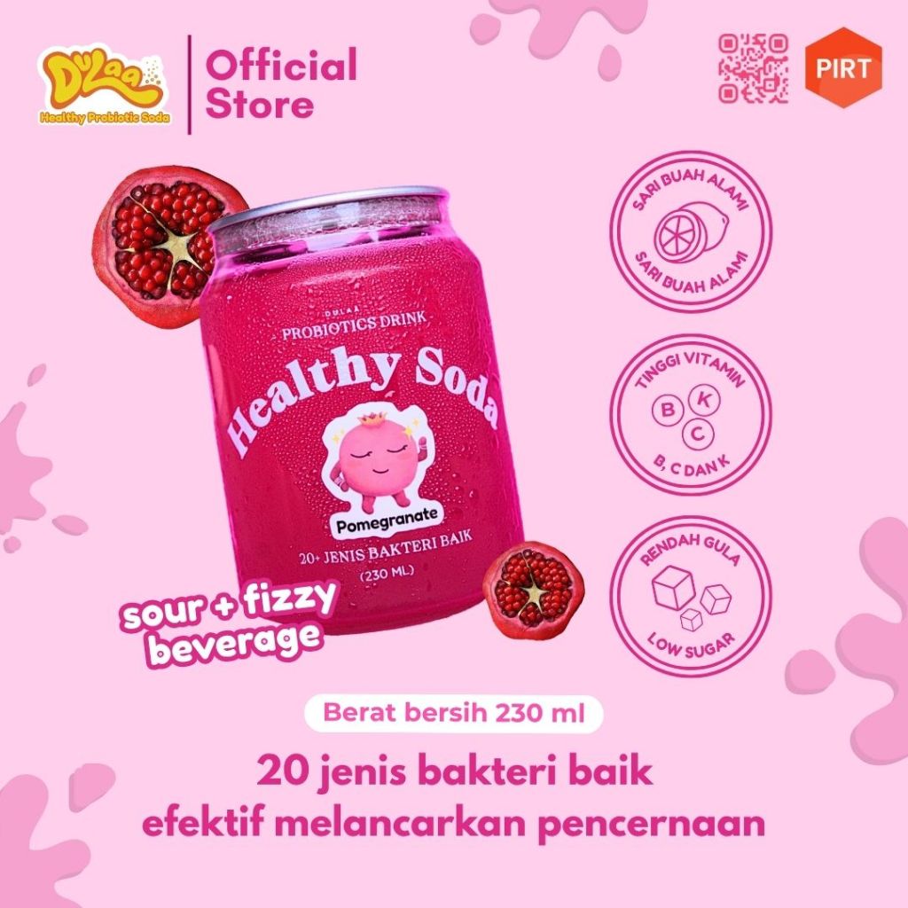 

Probiotik Water Kefir Healthy Soda Dulaa | Minuman Sehat Detox Juice Soda Sari Buah Delima 230ML