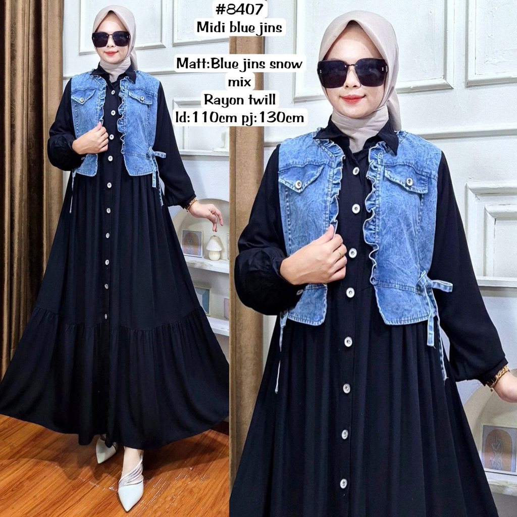Midi jeans rayon  - Midi blue jeans mix rayon - Midi dress jeans terbaru busui - Midi dress jeans ra