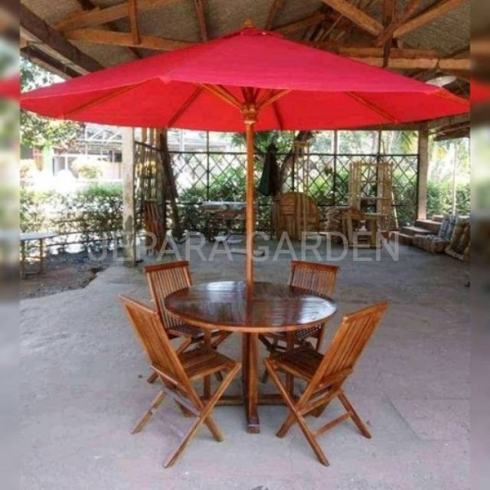 Set Meja Payung Pantai Kayu Jati 4 Kursi Lipat Makan Cafe Jepara Taman