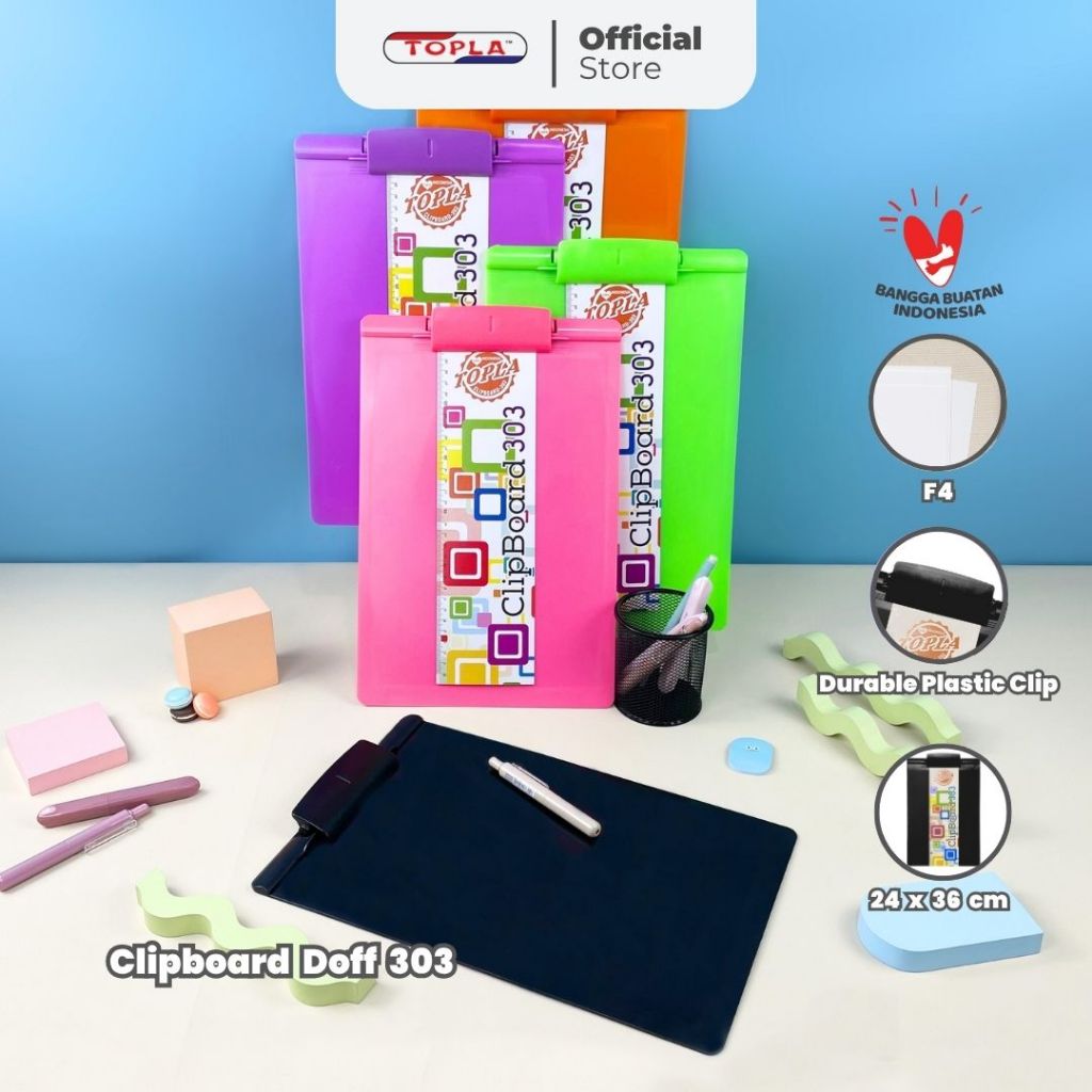 

TOPLA ClipBoard 303 - Alas Papan Ujian F4 - Alas Catatan Berdiri - Warna Doff