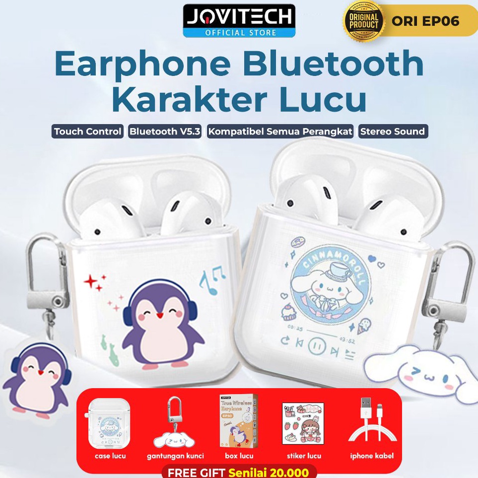 Jovitech Earphone Bluetooth True Wireless Headset Casing Kartun Lucu Transparan HIFI Stereo  EP6