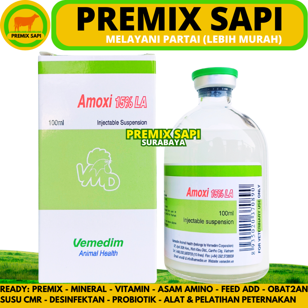 AMOXI 15% LA 100ML VEMEDIM - Obat Hewan Antibiotik Long Acting Ternak Like Betamox LA