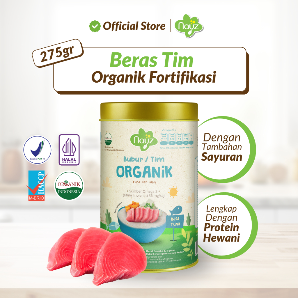 Nayz Kaleng Beras Ikan Tuna Tim Organik Fortifikasi MPASI 12+ Bulan - 275gr