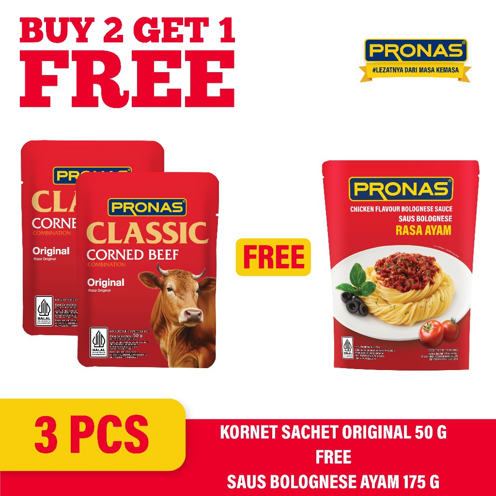 

[BUY 2 GET 1] PRONAS Kornet Sapi Sachet Original 50 g (2pcs) Free Bolognese Ayam 175 g (1pcs)