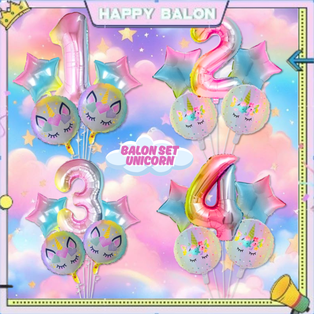 Balon Paket Unicorn isi 5Pcs Balon Angka Jumbo Unicorn Gradasi Pelangi Dekorasi Ulang Tahun Anak.