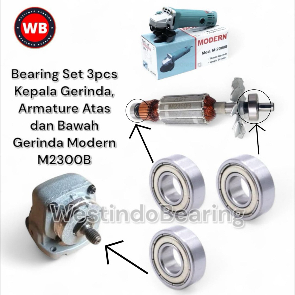 Bearing Set 3pcs Mesin Gerinda Modern M2300B Laher Laker Lahar Bagian Kepala Spindle Angker Atas Baw