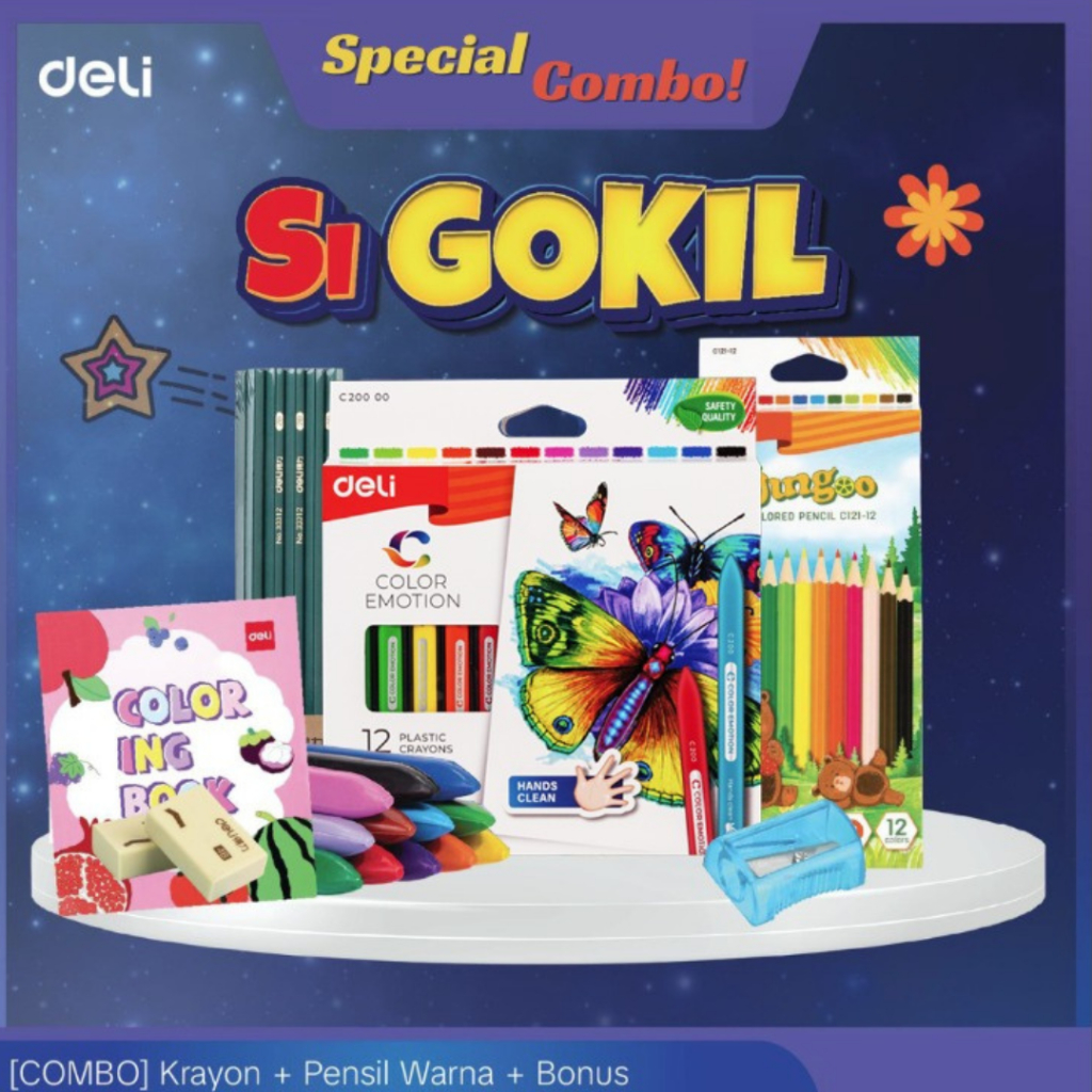 

Deli Combo Si GOKIL Crayon + Pensil Warna + Buku Mewarnai + BONUS, Set Lengkap untuk Kreativitas Anak & Dewasa Stationery Alat Kertas Peralatan Sekolah
