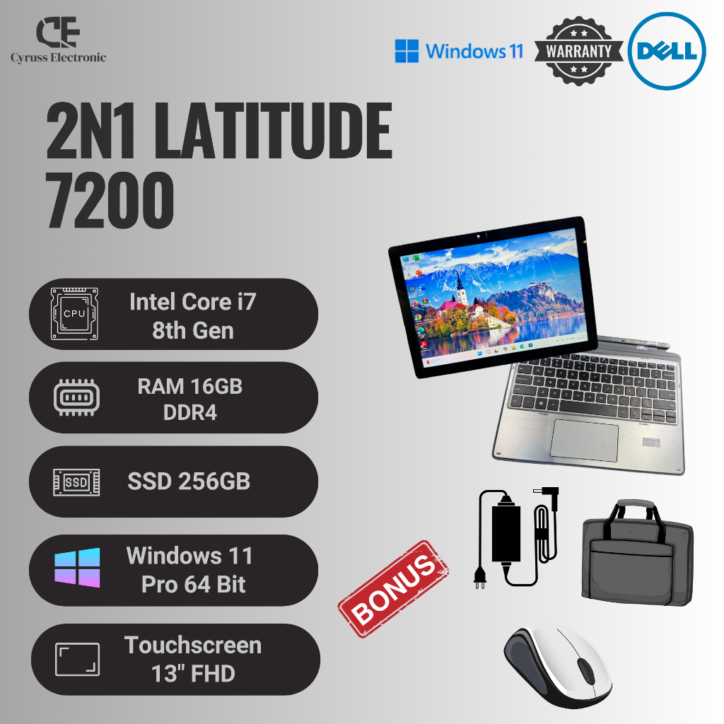 Laptop 2in1Tablet Dell Latitude 7200 Core i7 Gen 8 Ram 16GB Ssd 256GB | Layar 13in Touchscreen | Sec