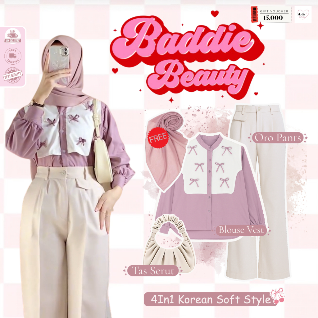 Rika Baju One Set Wanita Korea Style ( Tas +  Blouse + Celana + Hijab ) Hijab Style Outfit Korea - M