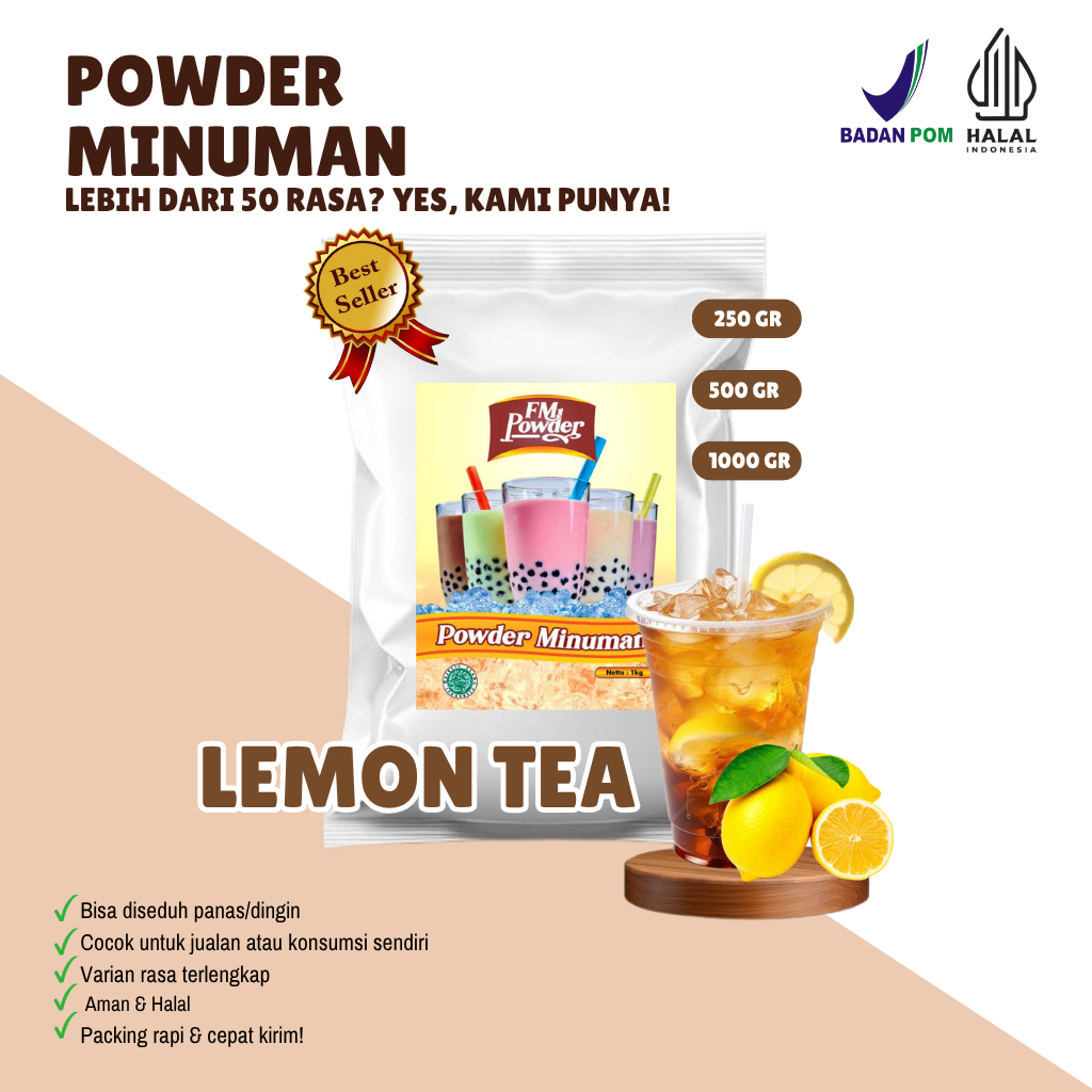

LEMON TEA FM Powder Drink - Bubuk Minuman Instan Varian Rasa Teh Kemasan 500gr dan 1000gr(BPOM&HALAL) Minuman Praktis, Harga Hemat, dan Rasa Fantastis