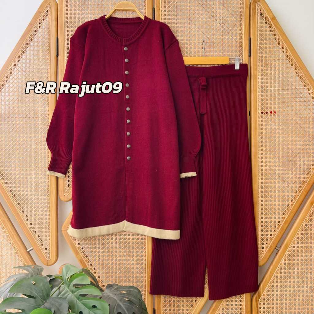 F&R Oneset Bilaa Long Tunik Cardigan Rajut Kancing Depan Setelan Celana Kulot Premium Wanita Lengan 
