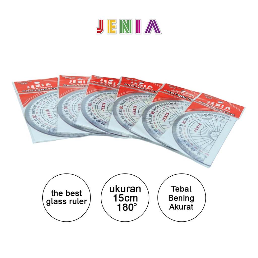 

Penggaris Busur Jenia Lebar 10 cm - 180 Derajat / Garisan Mika Plastik setengah lingkaran / Glass Ruler ( 12 Pcs )