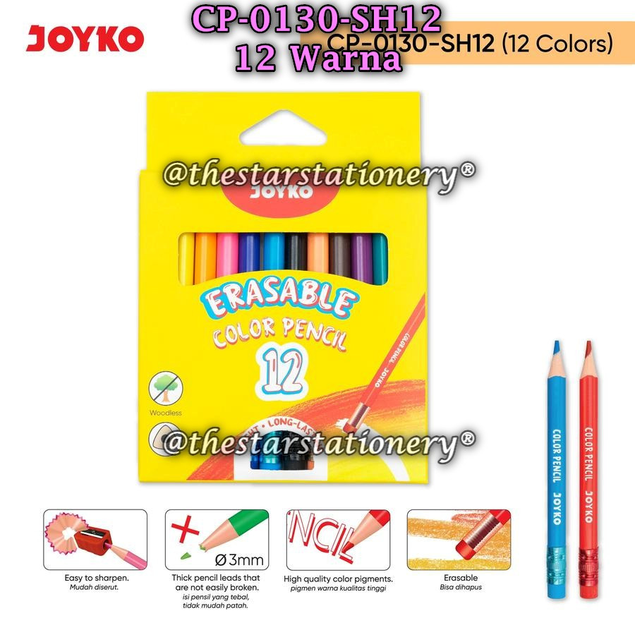

(1 Set) GROSIR Pensil Warna JOYKO Dapat Dihapus CP-0130-SH12 Erasable Color Pencil CP-0130 (1 Set)