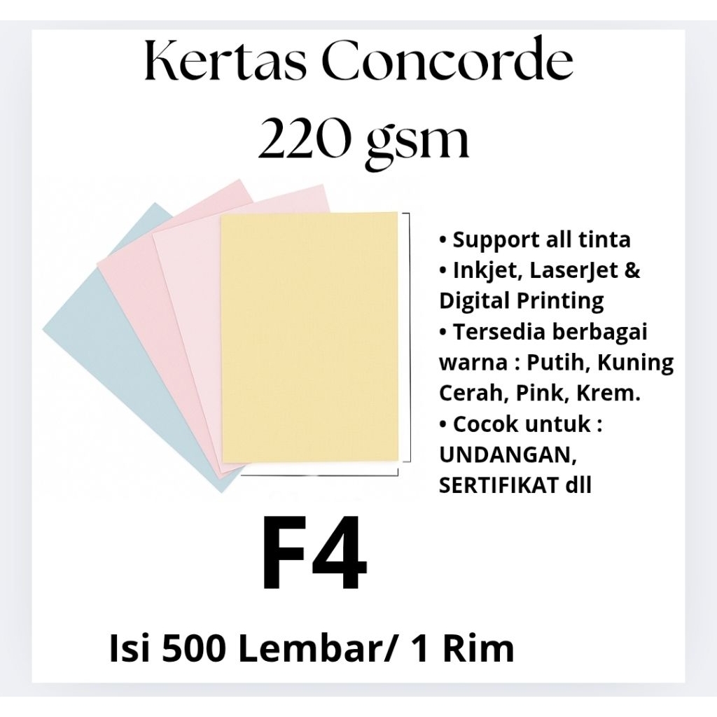 

Kertas Concorde F4 220 GSM Isi 500 Lembar / 1 Rim - Kertas Undangan Sertifikat Elegan