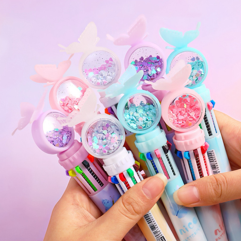 

⭐ PGS ⭐️ Ballpoint / Pulpen Mekanik 0.5 mm Multicolor 10 Warna Tinta Motif Kupu-Kupu Peri