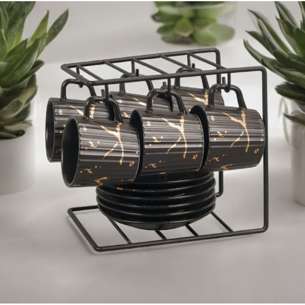 cup and saucer VICENZA, set Cangkir VICENZA motif Marmer HITAM Bm912, 6 cangkir dan 6 lepek serta ra