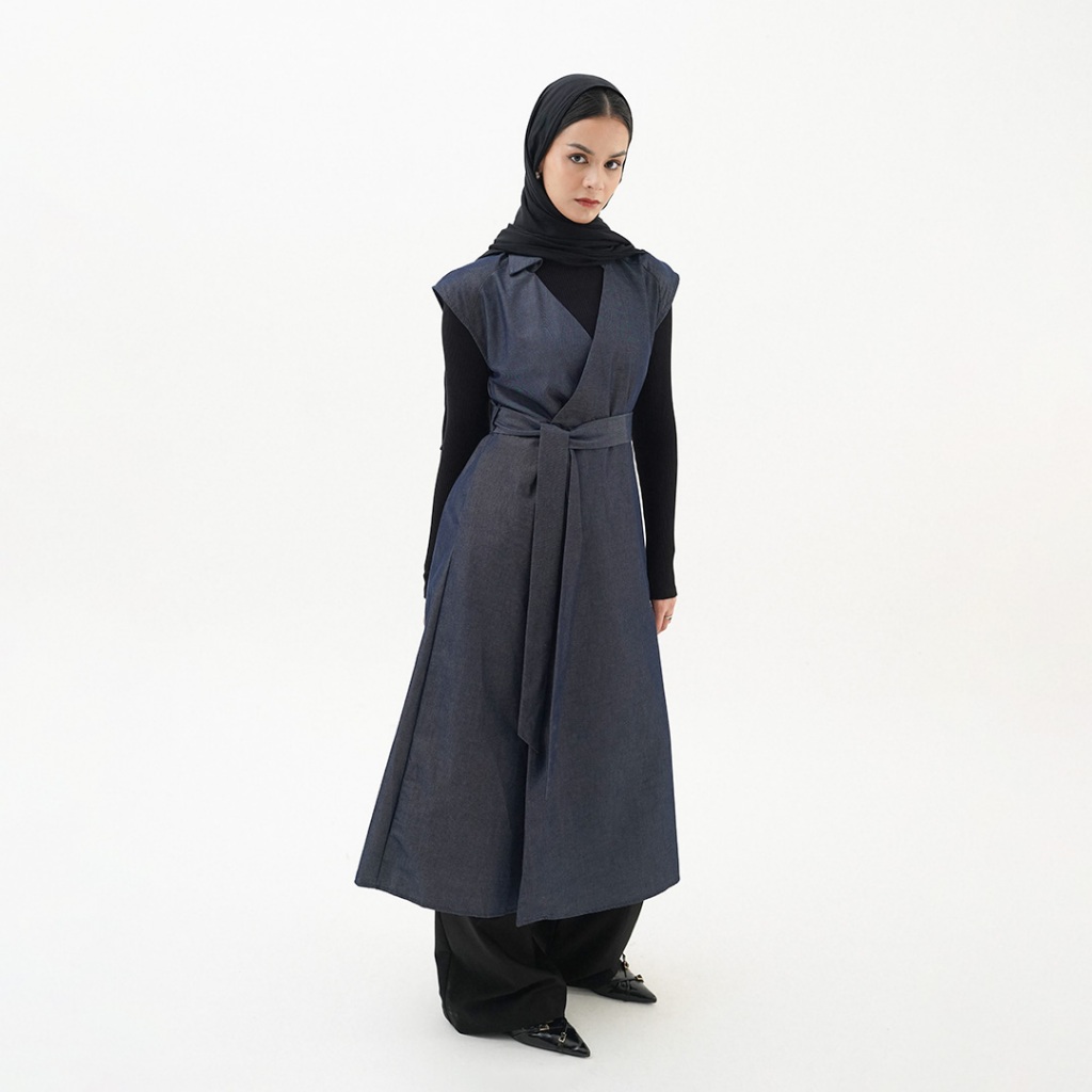 Queensland Belted Long Vest Outer Panjang LIN000546Q Biru Tua
