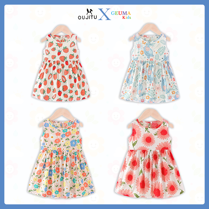 Dress Anak Perempuan Bahan Katun Silk Lembut Adem Menyerap Keringat Size 90-150 by Oujitu