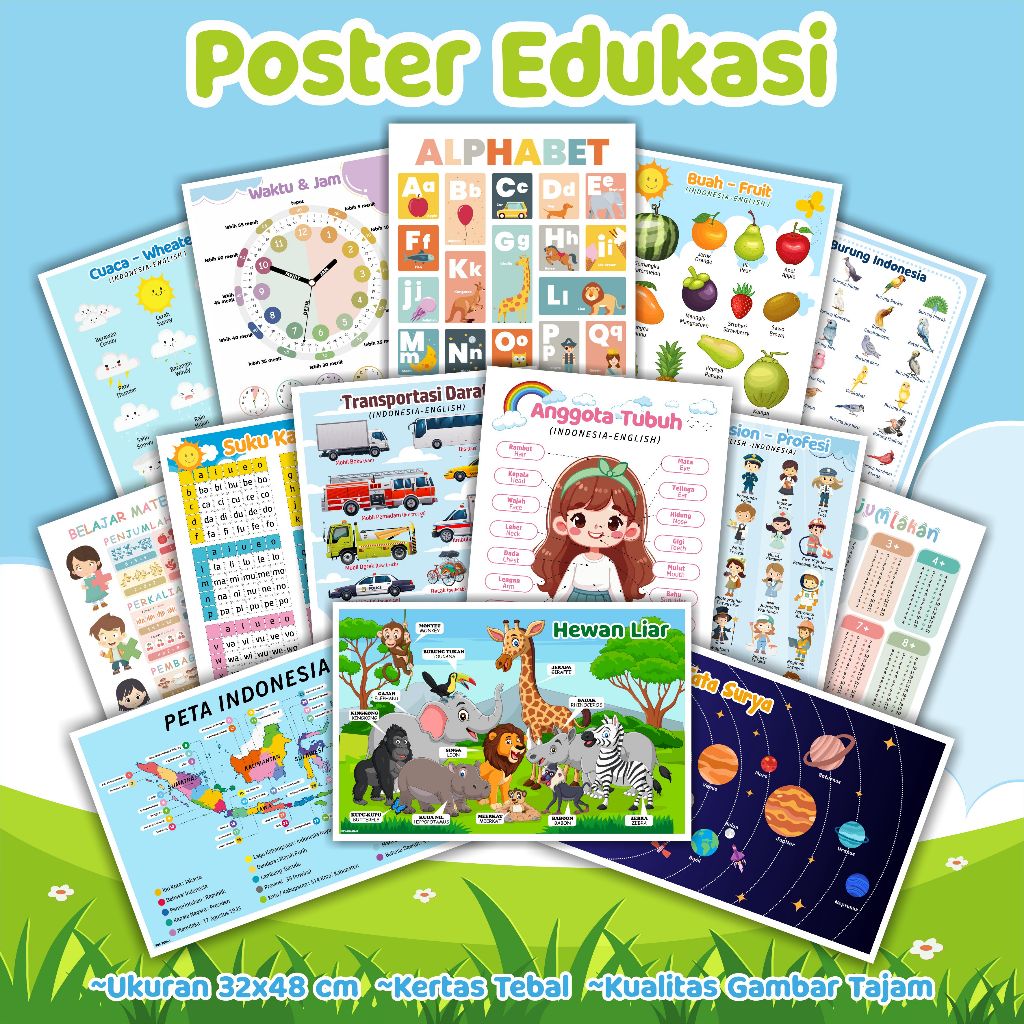 Poster Edukasi Anak - Poster Belaja Anak, Poster matematika, alphabet, hewan, kendaraan, profesi