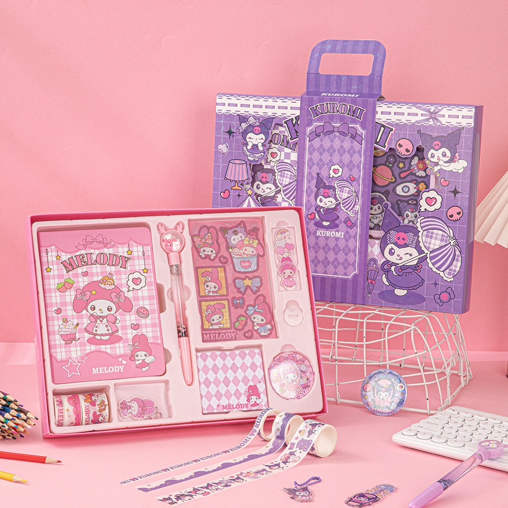 

SANRIO LUXURY NOTEBOOK FULLSET 8 IN 1 GIFT BOX /BUKU TULIS KUROMI & MELODY /NOTEBOOK SANRIO SET