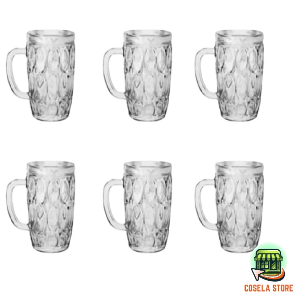 Gelas Gagang Besar 6pcs Polos / Gelas Motif Kaca / Gelas Motif Jempol