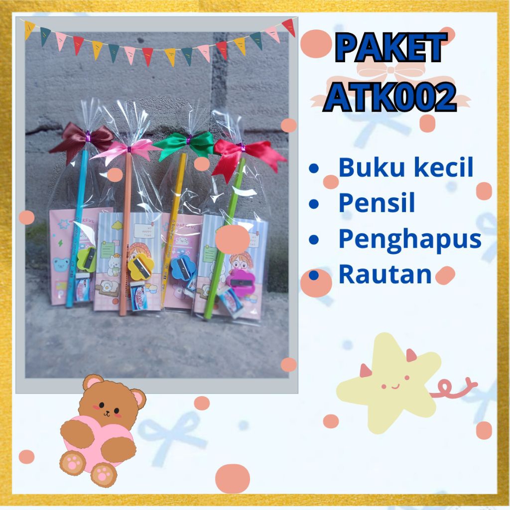

Souvenir Alat Tulis Mini Gift Paket ATK002 Buku Kecil Pensil Bolpoin Penghapus Rautan untuk Bingkisan Ulang Tahun Hadiah Agustusan dll