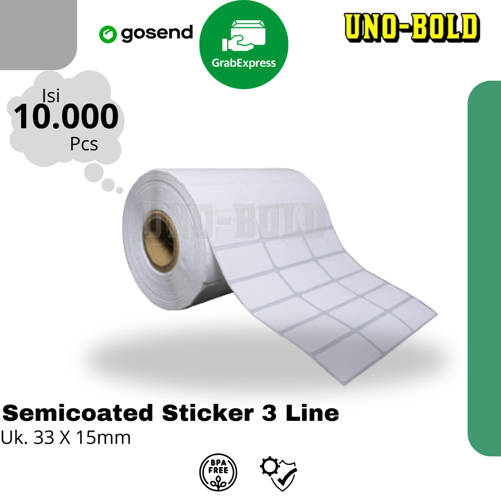 

LABEL SEMICOATED 33 x 15 mm 3 Line, Stiker Printer Barcode, Core 1 Inch isi 10000 Pcs