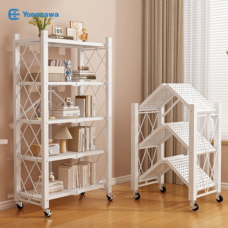 Yonezawarak Dapur Rak Lipat Dengan Roda Rak Besi Siku 5 Susun Rak Peralatan Rak Bumbu Multi-Fungsi