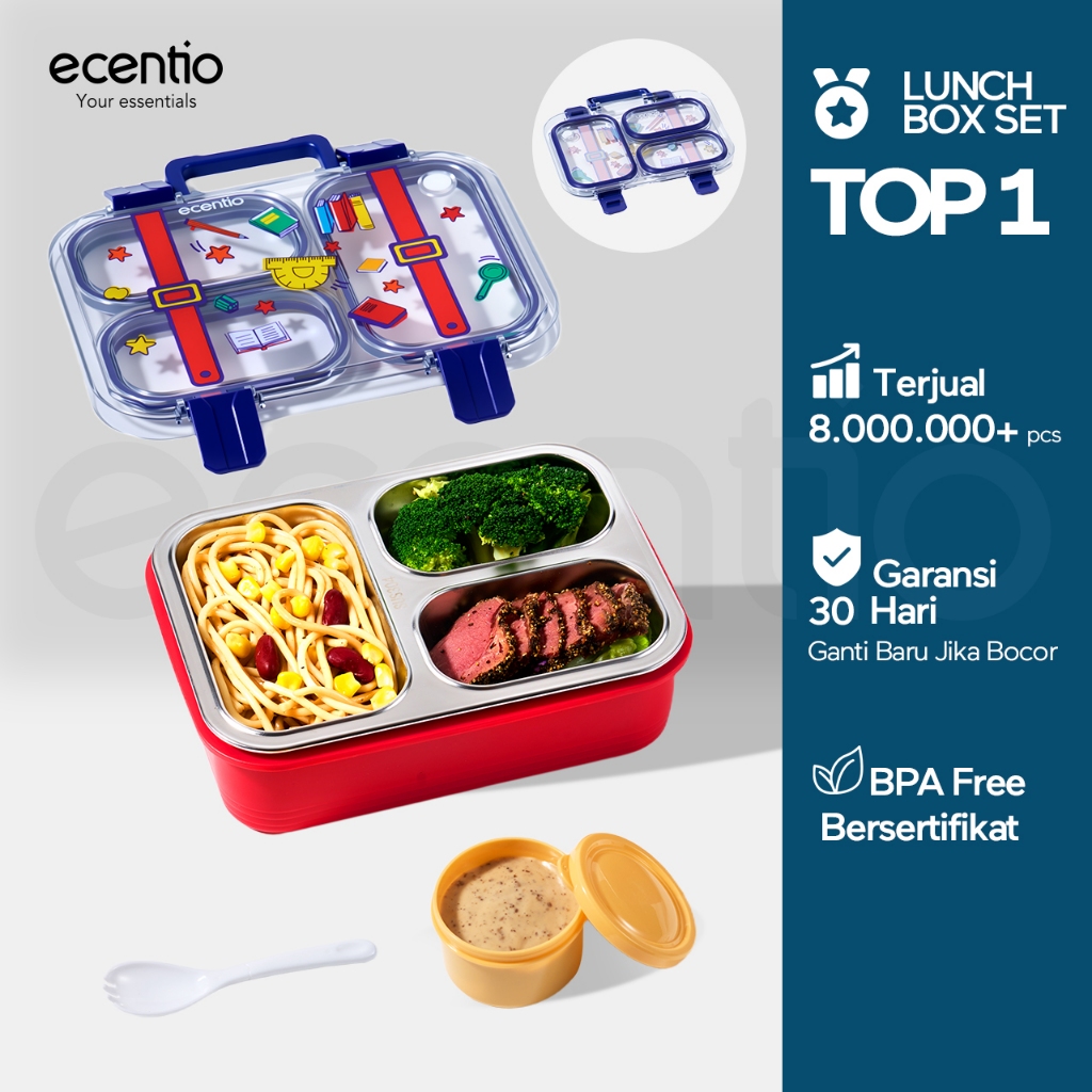 ecentio lunch box anak 750ml stainless 304 sekat 3 dan anti tumpah free sendok sumpit