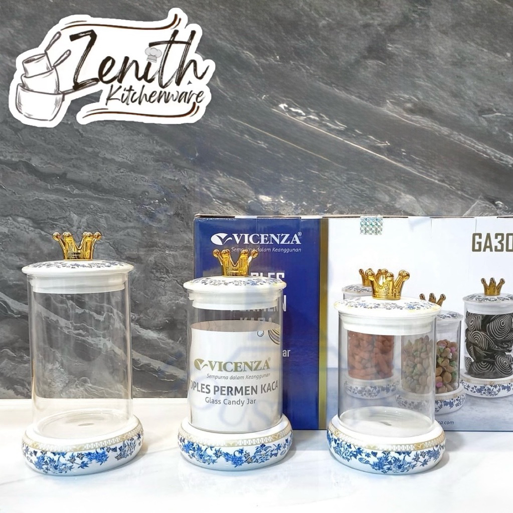 TOPLES KACA VICENZA TUTUP DAN ALAS KERAMIK/ TOPLES CANISTER PERMEN/ TOPLES KUE VICENZA TUTUP CROWN G