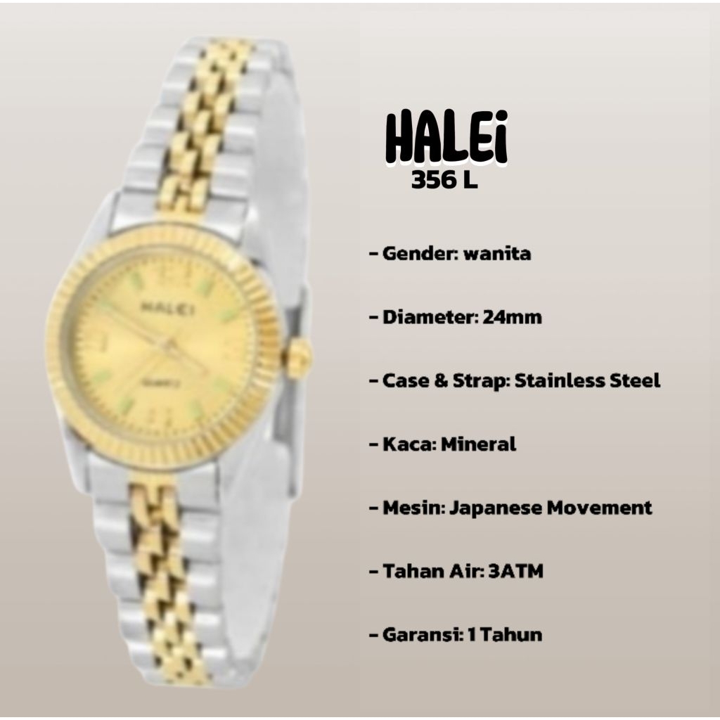 halei 356 L jam tangan wanita halei original fashion casual analog rantai stainless anti air