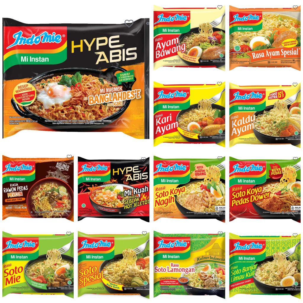 

Indomie Aneka Mie Instan Kuah, baru rasa Bangladesh Rawon mercon Soto Special Koya Banjar Kaldu Kari kaldu Ayam bawang special seblak lamongan koya pedas nagih