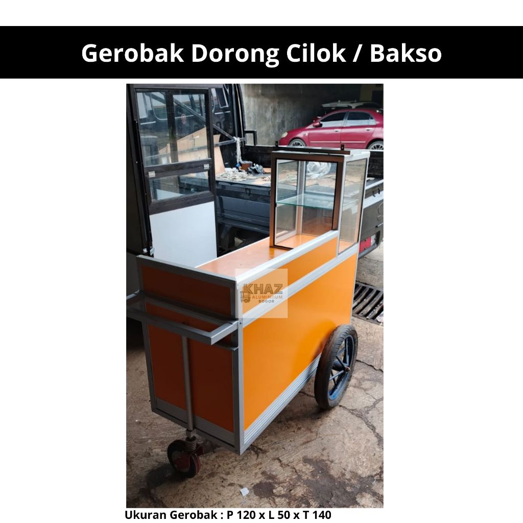 Gerobak Dorong Cilok Bakso Aluminium + Kaca | Roda Besar Ringan Tahan Karat