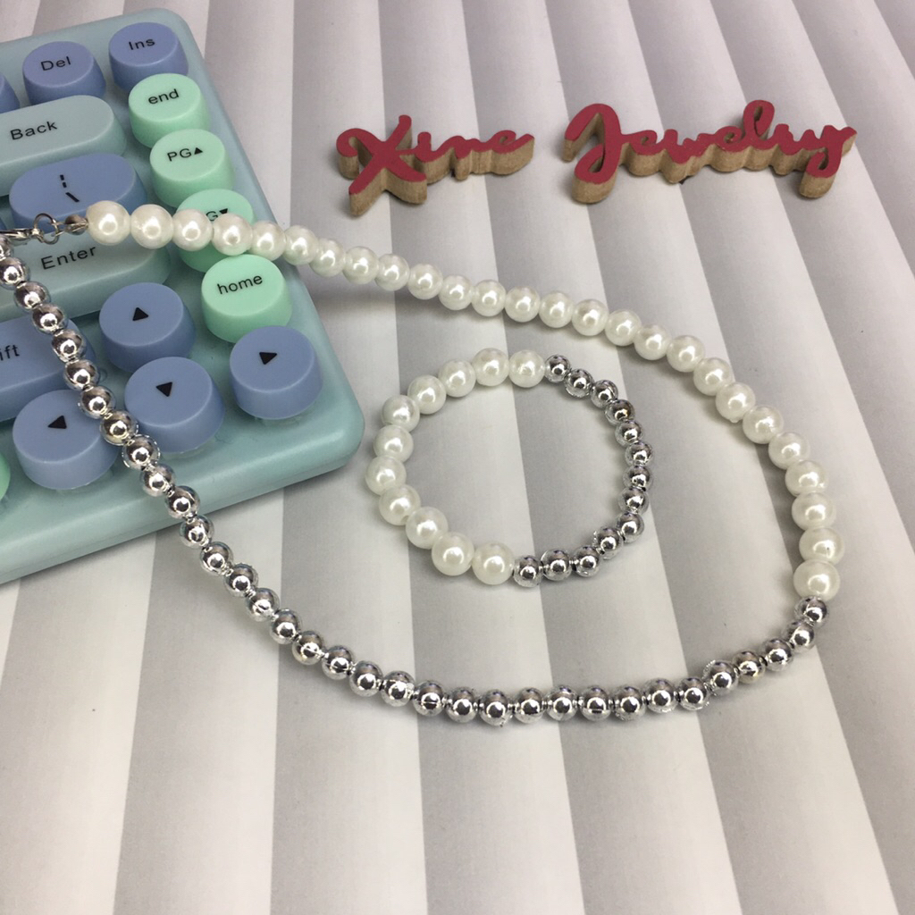 New Xine Set Kalung Mutiara Ringan Korean Putih Silver/ Kalung Kekinian Fashion