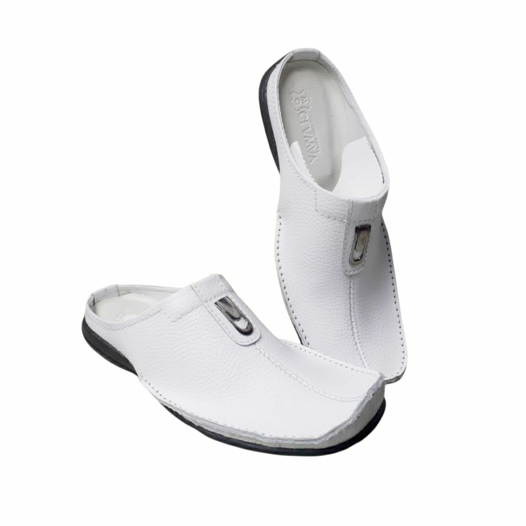 Sandal selop pria kulit asli putih sepatu sandal slip on sandal bustong pria casual