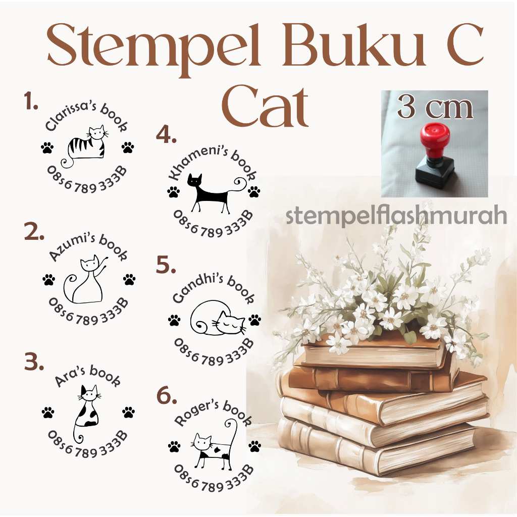 

stempel nama hp buku C KUCING pelajaran sekolah cat lover koleksi pustaka pribadi flash stamp tinta otomatis