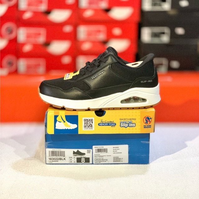 SEPATU PRIA SKECHERS UNO BANKSIA BLACK WHITE ORIGINAL (183022/BLK) SKECHERS UNO || SKECHERS SLIP INS