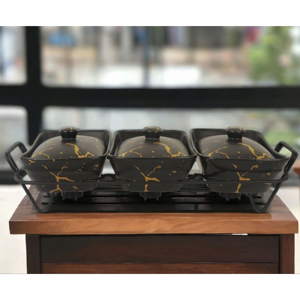 Casserole with Rack, wadah saji VICENZA BM751 Marmer HITAM, food display makanan dengan rak besi ant