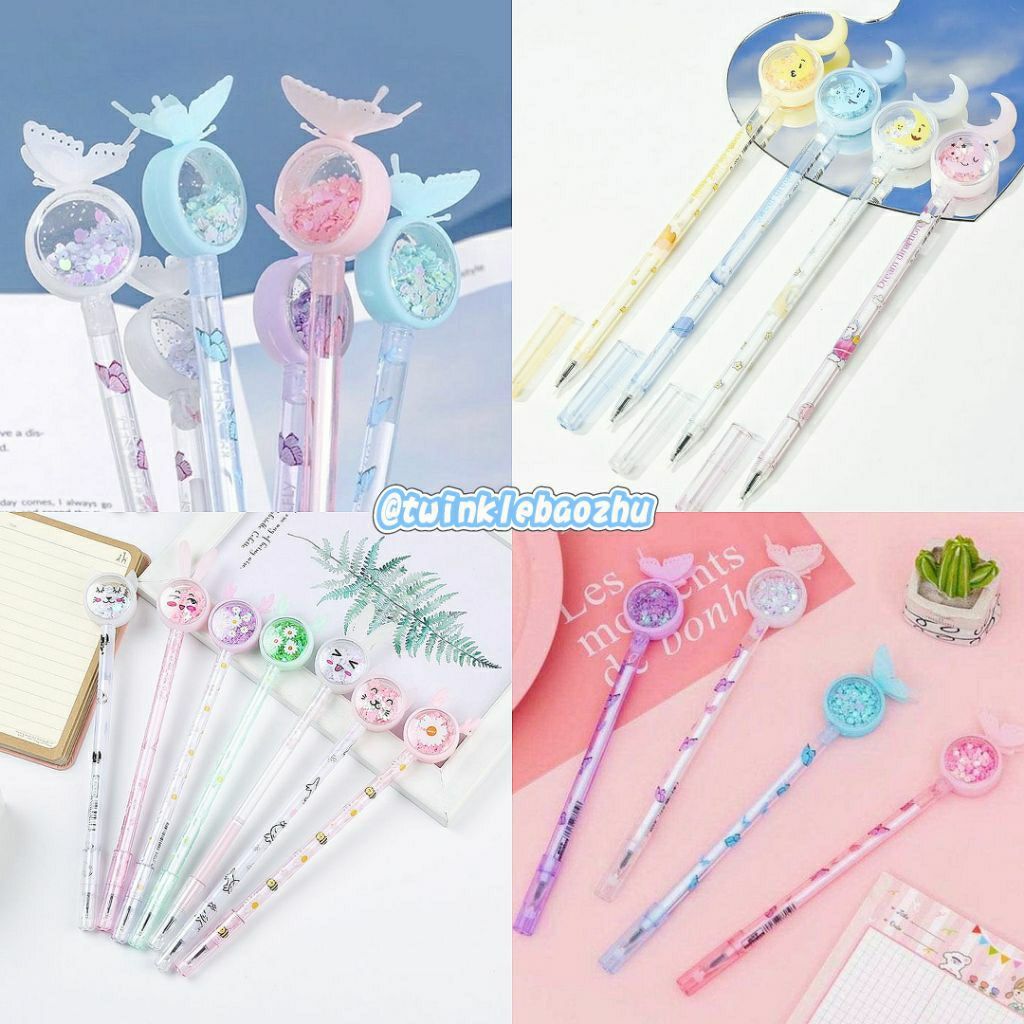 

pen karakter payet gliter/Ink gel hitam/alat tulis sekolah/stationery lucu/harga per pcs