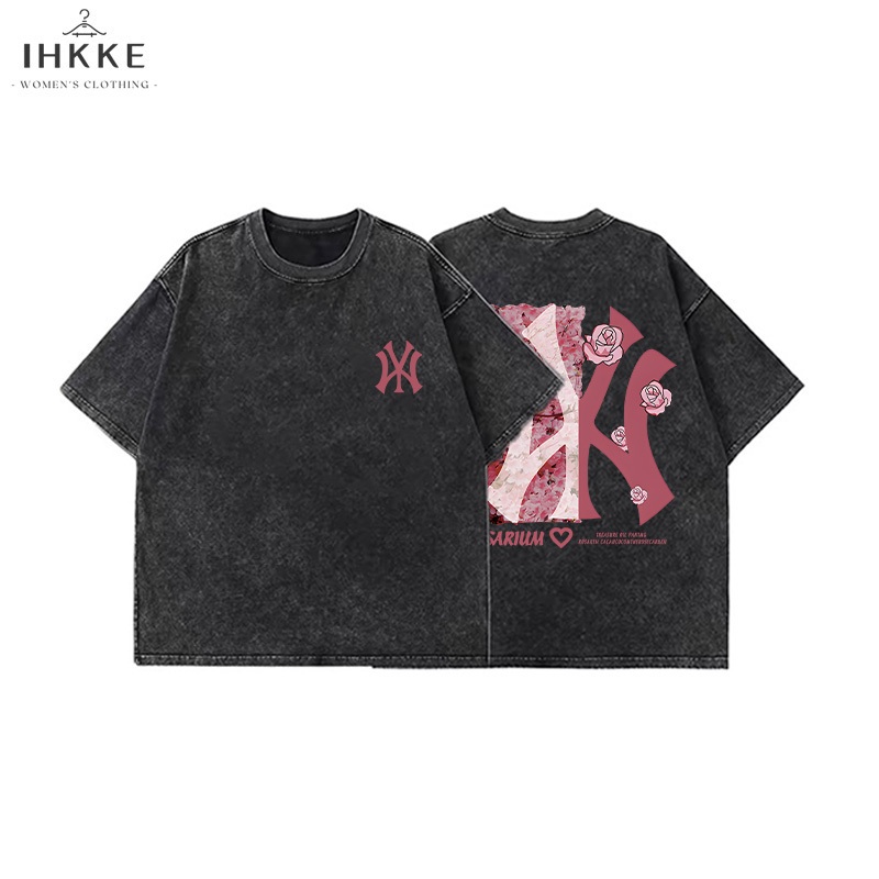 IHKKE Kaos Washed Oversize Amerika Retro Pink Rose Patchwork MLB Washed T-Shirt/Lengan Pendek Premiu