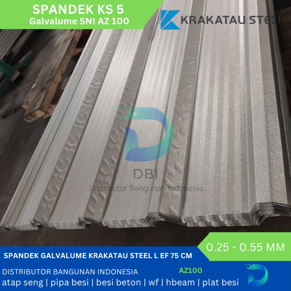 Spandek Galvalum KS 5 / Krakatau Steel SNI AZ100 L ef 75 cm 0.40 mm (Free Ongkir Jabodetabek) - 1 Mt