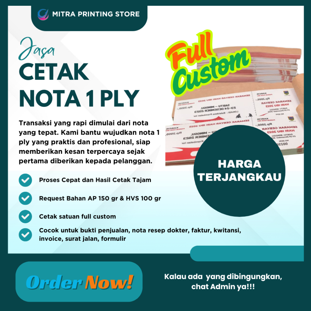 

Cetak Nota 1 Ply Satuan Ukuran 1/8 Folio (Full Color) Desain Bebas, Cetak Cepat!