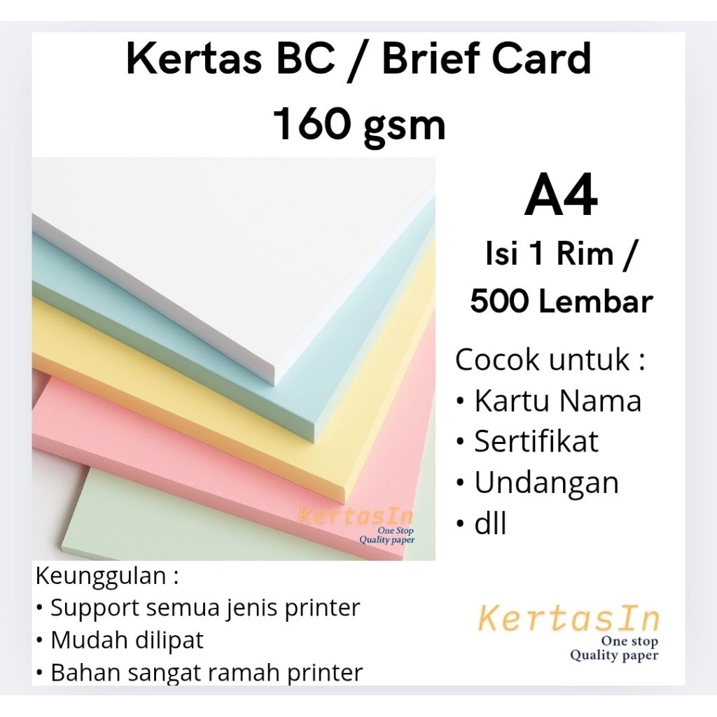 

Kertas BC 160 gsm A4 Isi 1 Rim / 500 Lembar Warna Pastel – Karton Manila / Brief Card Tebal - Cocok Untuk Cover, Undangan, Sertifikat dan Kartu Nama.