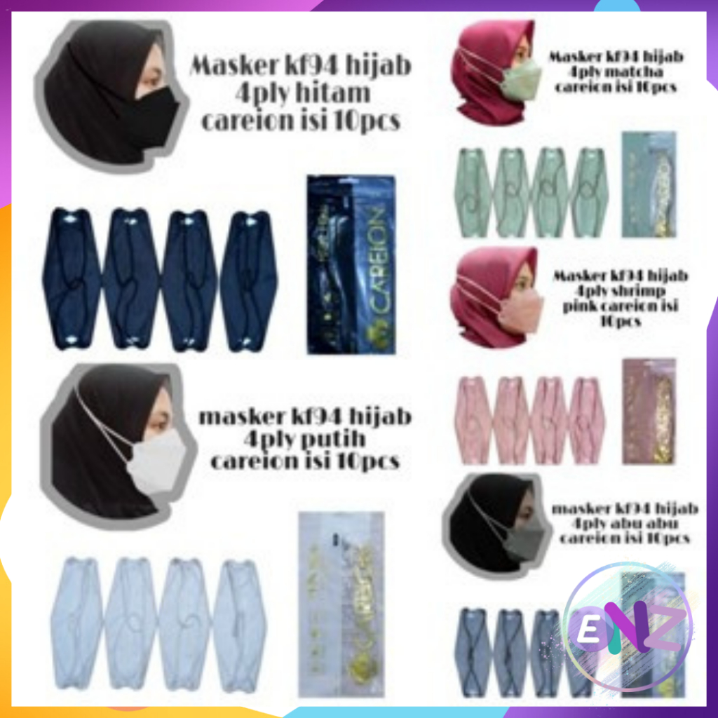 ENZ ® MASKER KF94 KF 94 HIJAB 4PLY 4 PLY HEADLOOP CAREION PUTIH HITAM WARNA WARNI ISI 10 PCS 1090