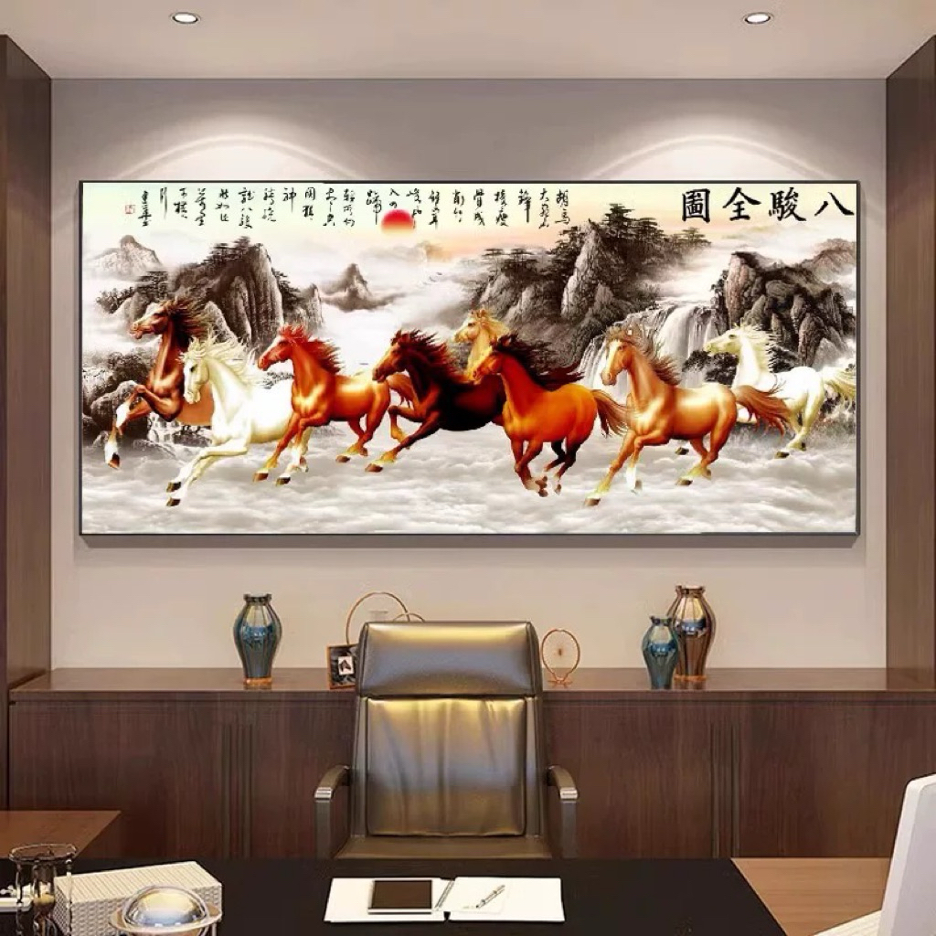 KOKOPAINTING Lukisan Porcelain Diamond 5D Kristal Motif 8 Kuda Fengshui Rejeki Usaha / Pajangan Dini