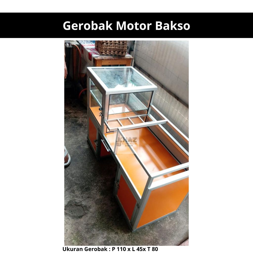 Gerobak Motor Bakso Aluminium – Etalase Dorong Kaca – Ukuran 110x45x80 cm