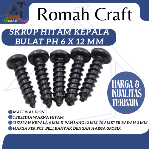 Skrup hitam kepala bulat PH 6 x 12 mm P.S312 Screw Sekrup doff